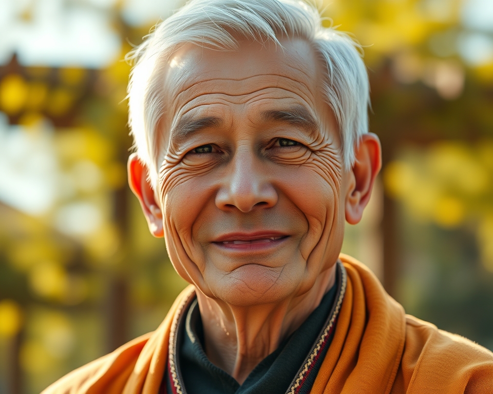 Senior person looking calm, representing long-term meditation practice.