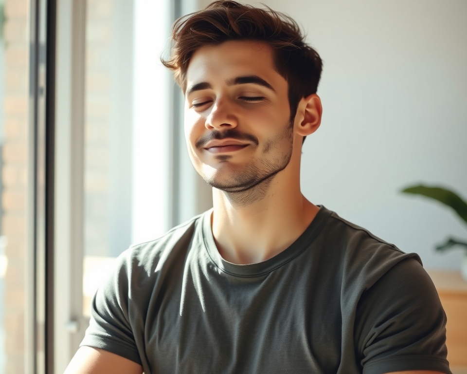 A man meditating calmly in a quiet indoor space, representing building a consistent daily habit.