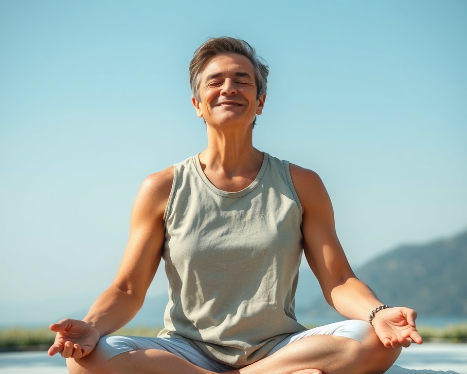 A middle-aged person sitting comfortably on a cushion, representing finding a good meditation posture.