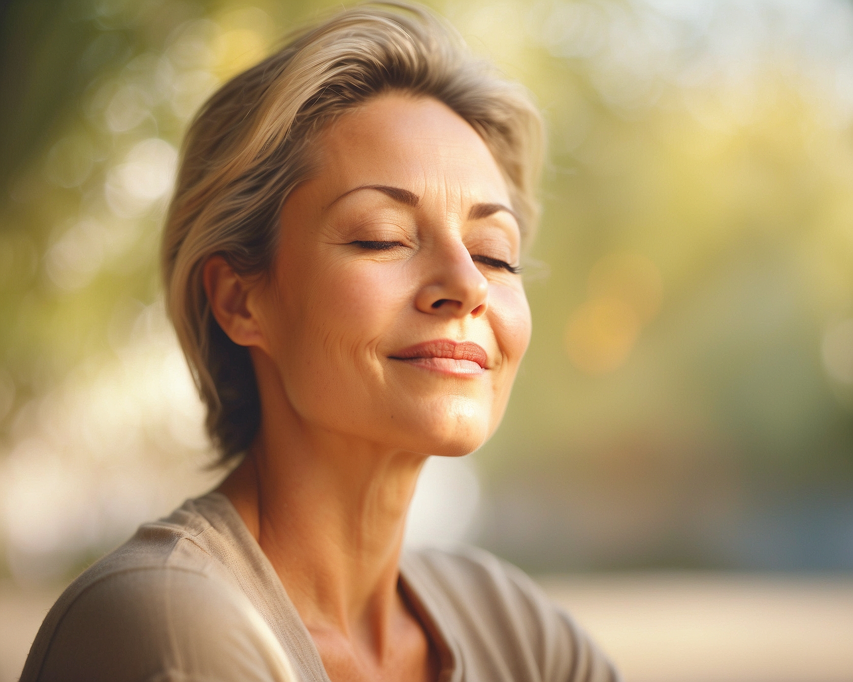 A middle-aged person meditating with eyes closed, showing a sense of deep peace and presence.