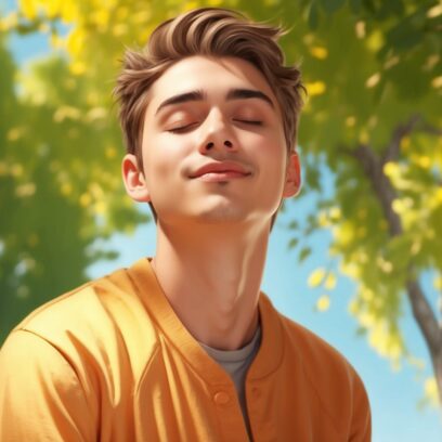A portrait of a young adult with eyes closed and a slight smile, looking calm and relaxed in bright, optimistic sunlight. The image is a medium shot or close up, rendered in a hyper-realistic, photorealistic style with high detail.