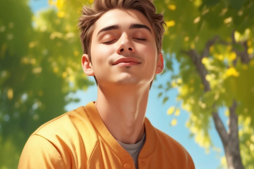 A portrait of a young adult with eyes closed and a slight smile, looking calm and relaxed in bright, optimistic sunlight. The image is a medium shot or close up, rendered in a hyper-realistic, photorealistic style with high detail.