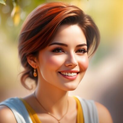 A hyper-realistic, detailed image of an attractive woman in a calm, relaxed posture with a slight smile, captured in a medium shot on a sunny day with optimistic colors.