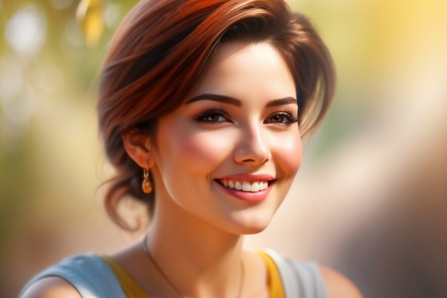 A hyper-realistic, detailed image of an attractive woman in a calm, relaxed posture with a slight smile, captured in a medium shot on a sunny day with optimistic colors.