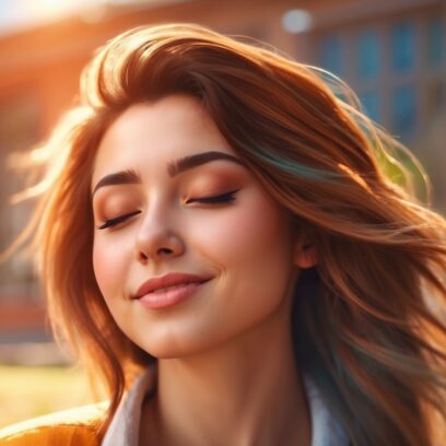 Image of a relaxed young adult with eyes closed, smiling slightly, standing in front of the camera on a sunny day, depicted in a hyper-realistic, high-resolution style.
