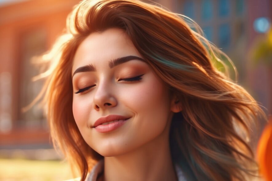 Image of a relaxed young adult with eyes closed, smiling slightly, standing in front of the camera on a sunny day, depicted in a hyper-realistic, high-resolution style.
