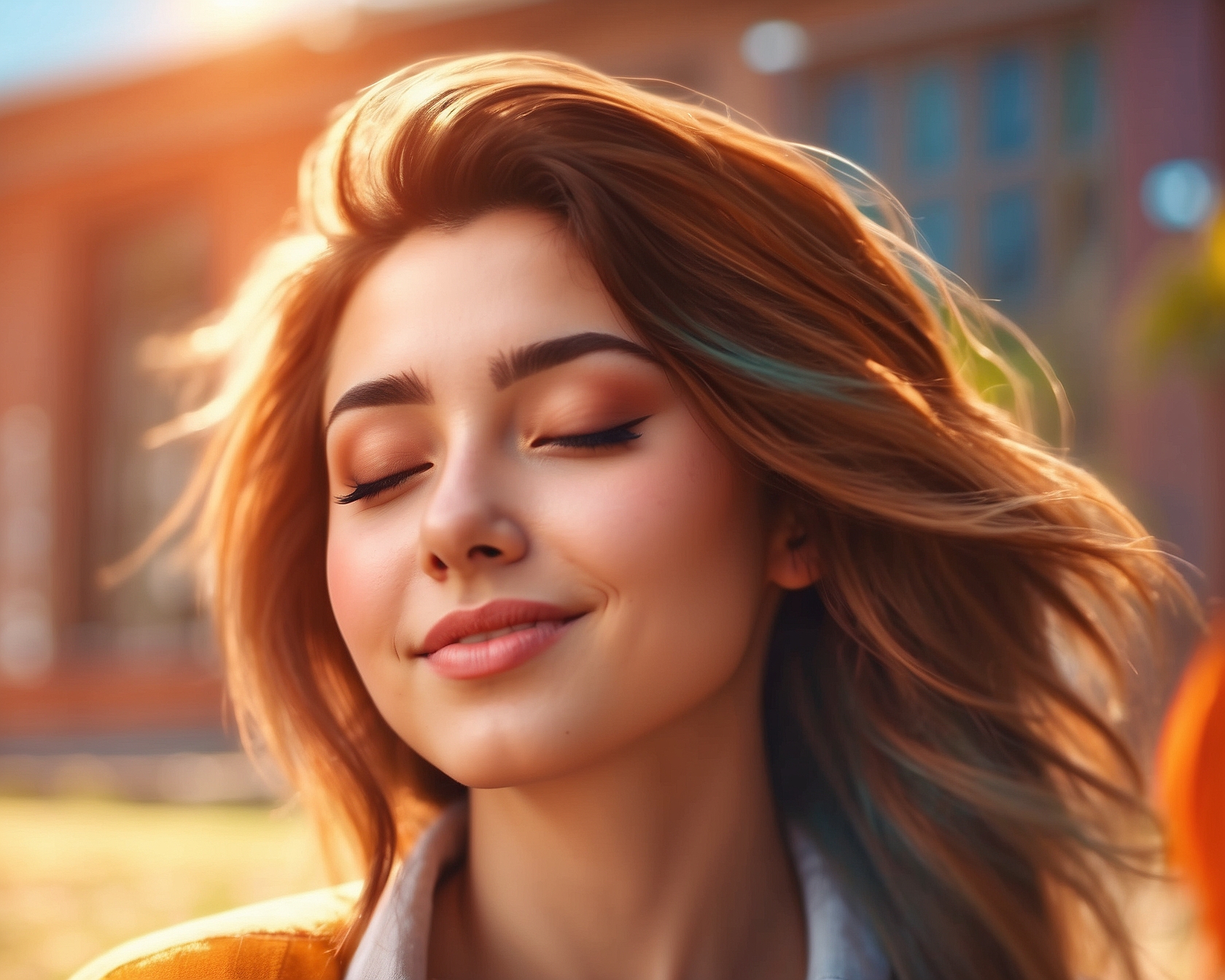 Image of a relaxed young adult with eyes closed, smiling slightly, standing in front of the camera on a sunny day, depicted in a hyper-realistic, high-resolution style.