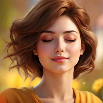 A peaceful young adult with eyes closed, smiling slightly in a sunny, optimistic setting, representing calm through mindfulness.