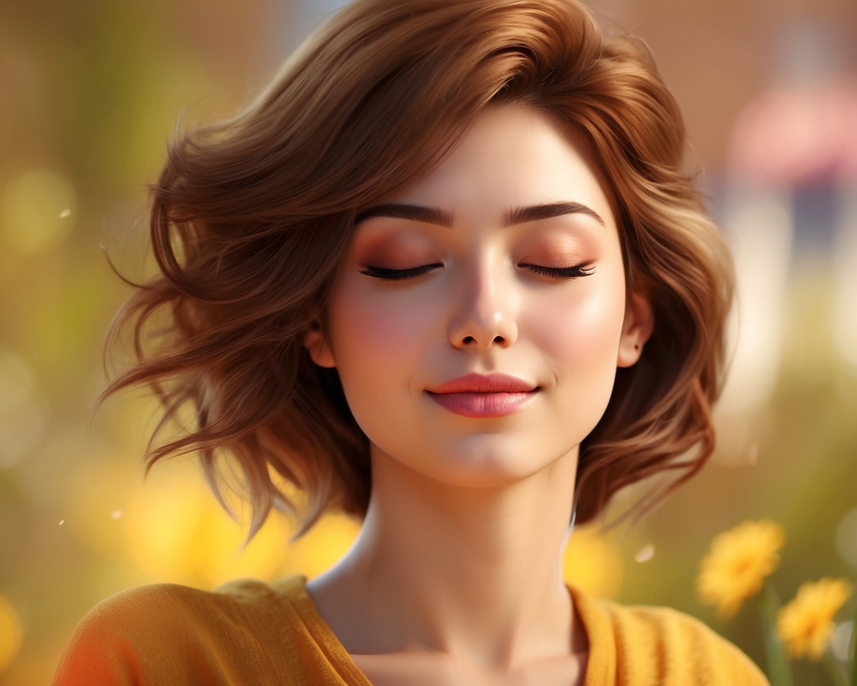 A peaceful young adult with eyes closed, smiling slightly in a sunny, optimistic setting, representing calm through mindfulness.