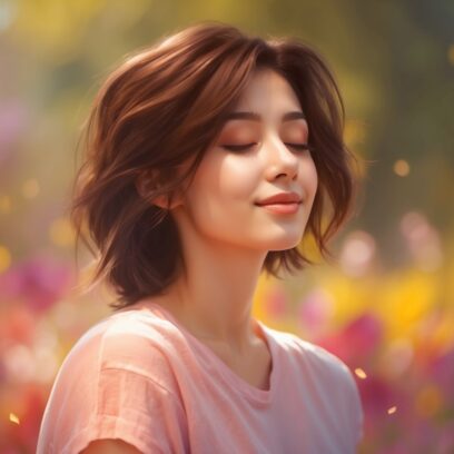 A hyper-realistic, high-resolution medium shot of an attractive young adult with eyes closed and a gentle smile, in a calm posture, suggesting peace and meditation.