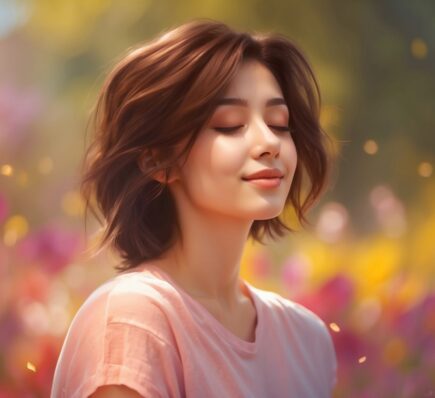 A hyper-realistic, high-resolution medium shot of an attractive young adult with eyes closed and a gentle smile, in a calm posture, suggesting peace and meditation.