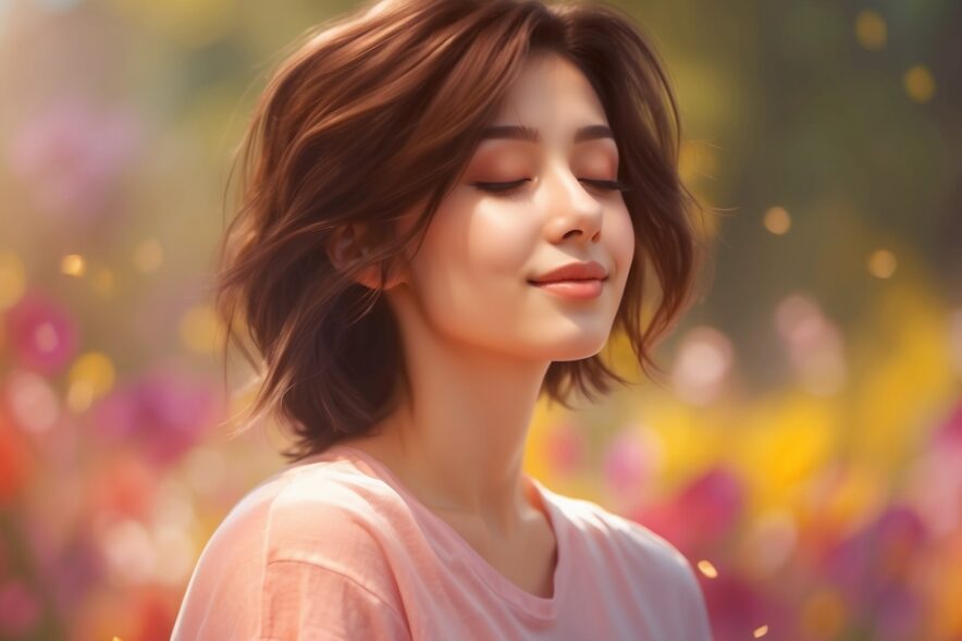 A hyper-realistic, high-resolution medium shot of an attractive young adult with eyes closed and a gentle smile, in a calm posture, suggesting peace and meditation.