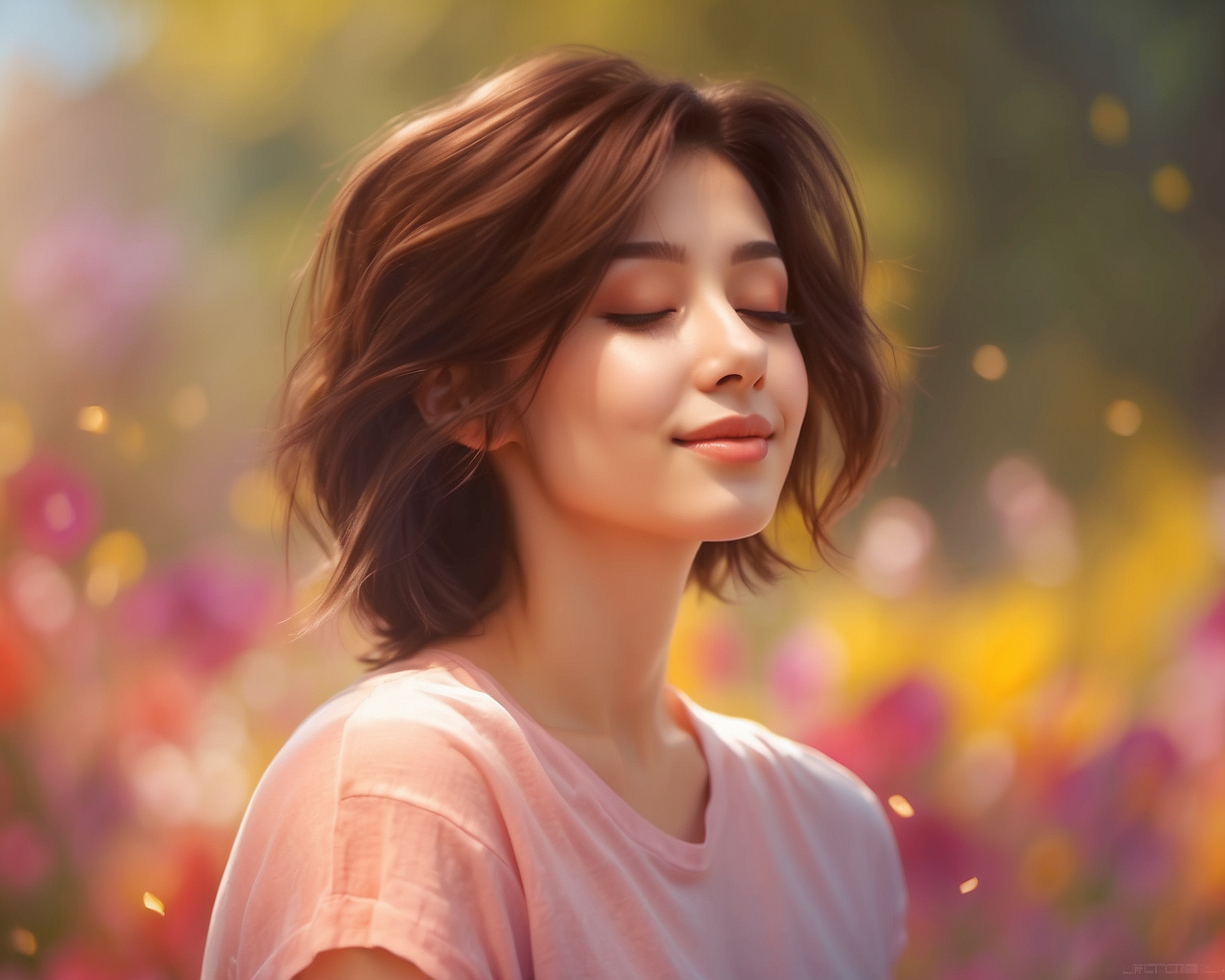 A hyper-realistic, high-resolution medium shot of an attractive young adult with eyes closed and a gentle smile, in a calm posture, suggesting peace and meditation.